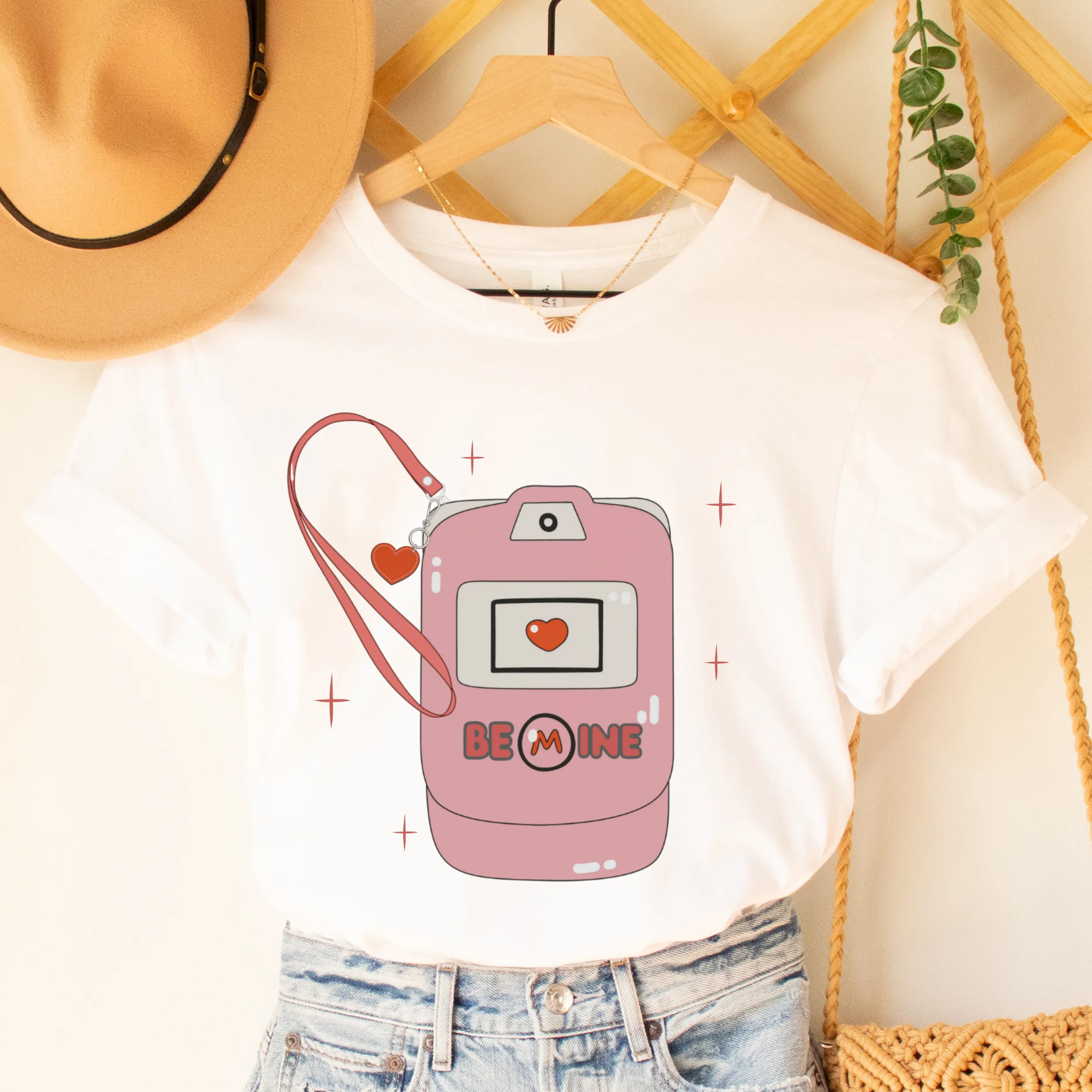 Women's Valentine's Unisex Jersey Short Sleeve Tee Funny Be Mine Flip-Phone in Pink, Red or White Soft Bella Canvas Valentine's T-Shirt