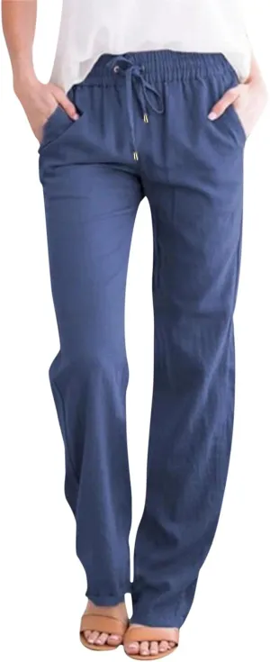 Womens Wide Leg Trousers Yoga Pants for Women Linen Flowy Beach Pants Casual Dressy Cotton Drawstring Pants Summer Outfits