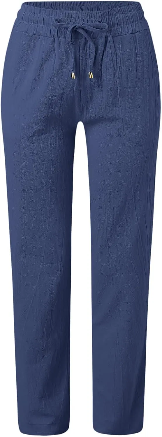 Womens Wide Leg Trousers Yoga Pants for Women Linen Flowy Beach Pants Casual Dressy Cotton Drawstring Pants Summer Outfits