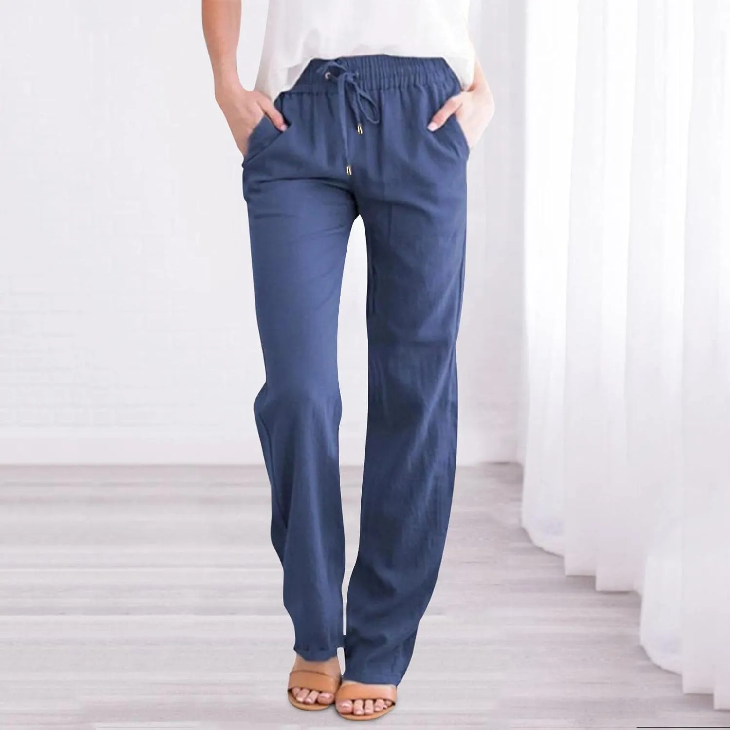 Womens Wide Leg Trousers Yoga Pants for Women Linen Flowy Beach Pants Casual Dressy Cotton Drawstring Pants Summer Outfits