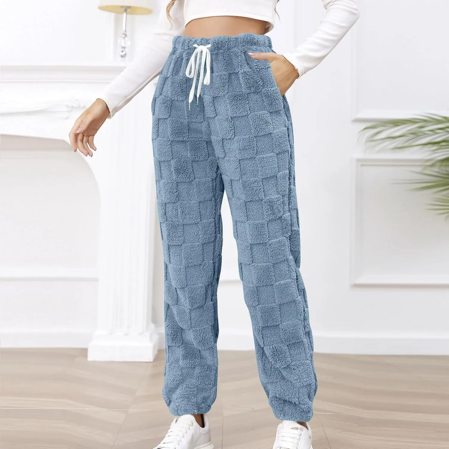 Women's Winter Warm Fleece Baggy Joggers Pants Sherpa Lined Sweatpants Jacquard Pajama Pants Plush Fuzzy Lounge Pants