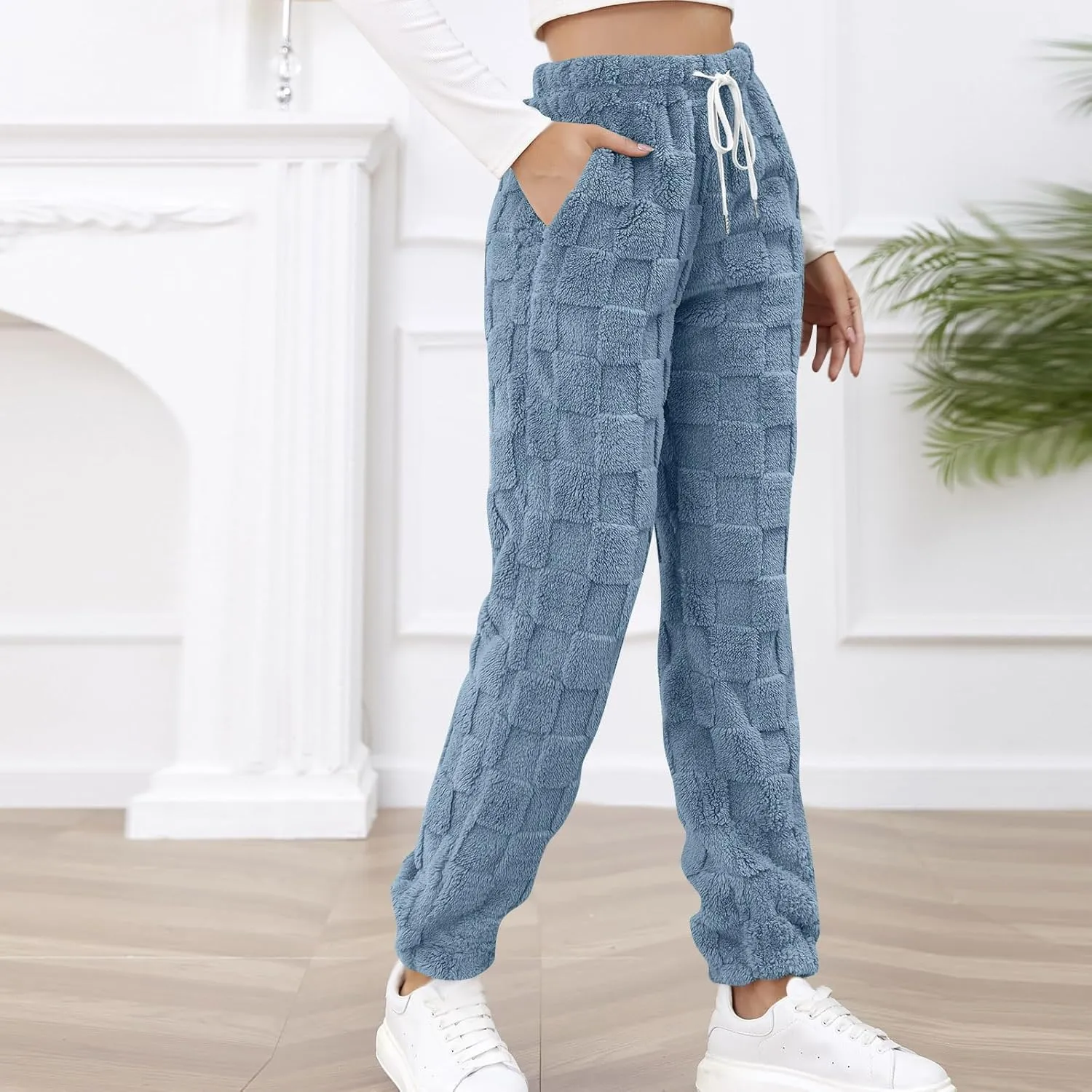 Women's Winter Warm Fleece Baggy Joggers Pants Sherpa Lined Sweatpants Jacquard Pajama Pants Plush Fuzzy Lounge Pants