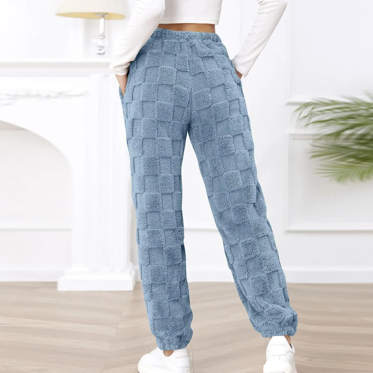 Women's Winter Warm Fleece Baggy Joggers Pants Sherpa Lined Sweatpants Jacquard Pajama Pants Plush Fuzzy Lounge Pants
