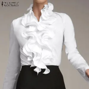 ZANZEA Women's Chic Top Long Sleeves With Ruffles Elegant Flounce