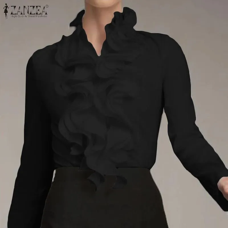 ZANZEA Women's Chic Top Long Sleeves With Ruffles Elegant Flounce